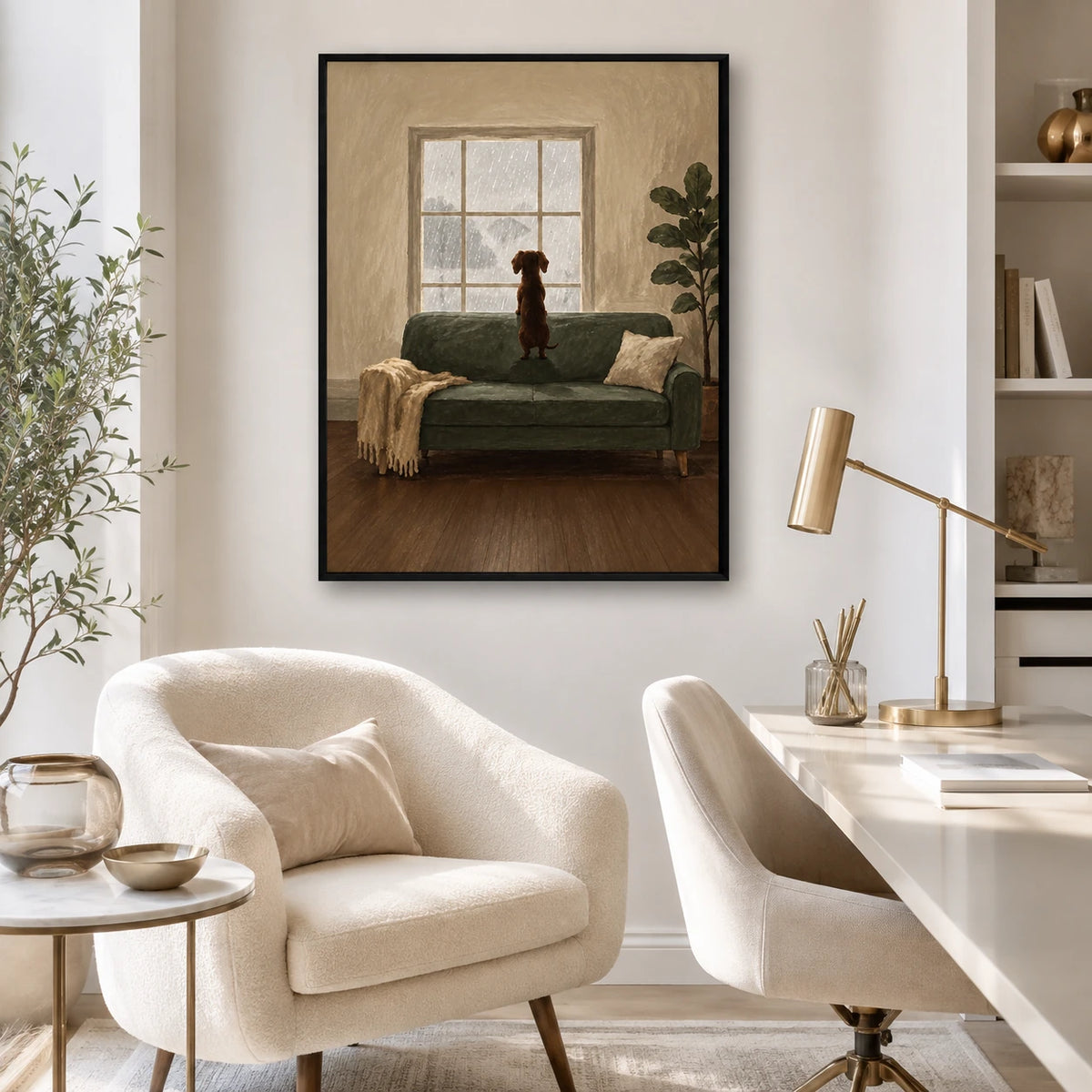 Rainy Day Dog Window Oil Painting Canvas Art