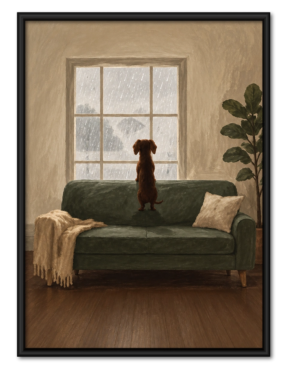 Rainy Day Dog Window Oil Painting Canvas Art