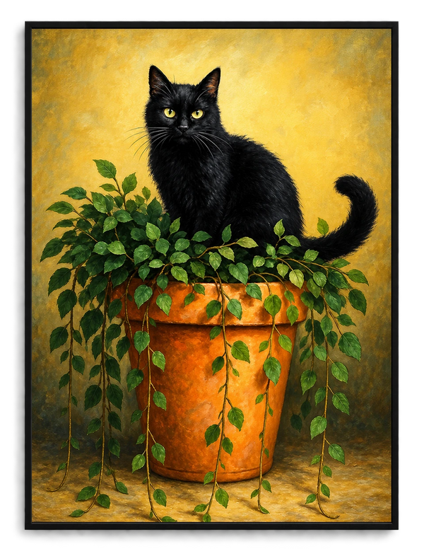 The Black Cat On Potted Plant – Vintage Rustic Wall Art on Natural Wood Canvas