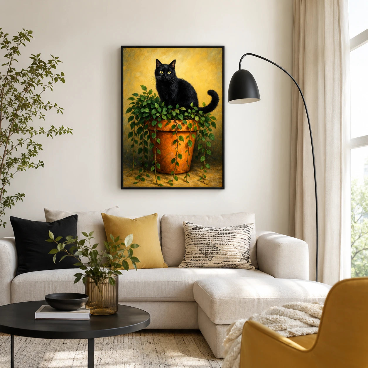 The Black Cat On Potted Plant – Vintage Rustic Wall Art on Natural Wood Canvas