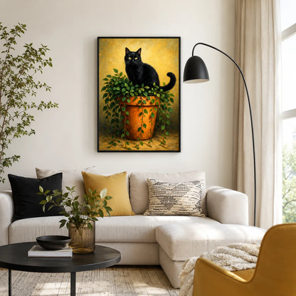 The Black Cat On Potted Plant – Vintage Rustic Wall Art on Natural Wood Canvas