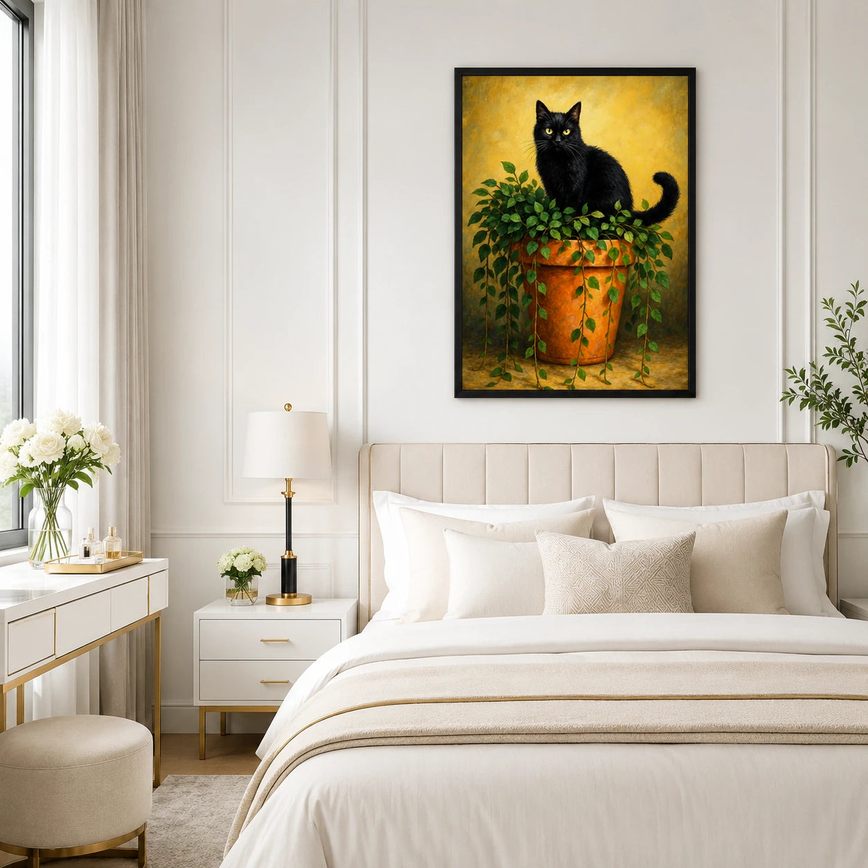 The Black Cat On Potted Plant – Vintage Rustic Wall Art on Natural Wood Canvas