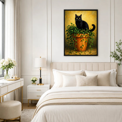 The Black Cat On Potted Plant – Vintage Rustic Wall Art on Natural Wood Canvas