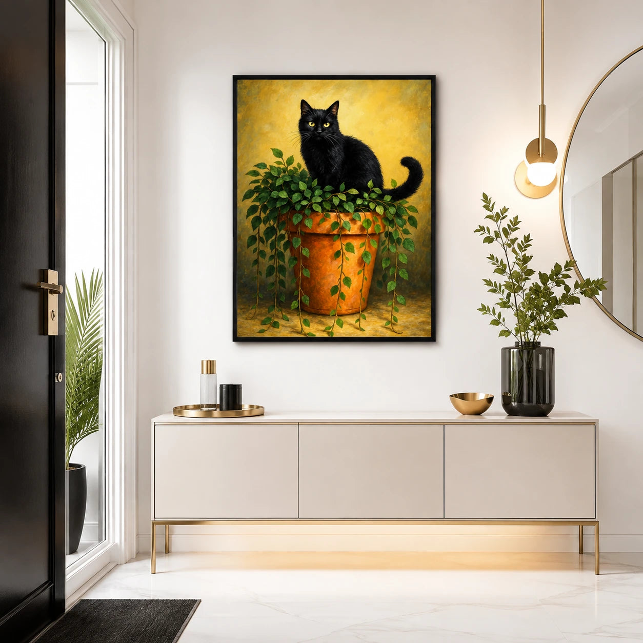 The Black Cat On Potted Plant – Vintage Rustic Wall Art on Natural Wood Canvas