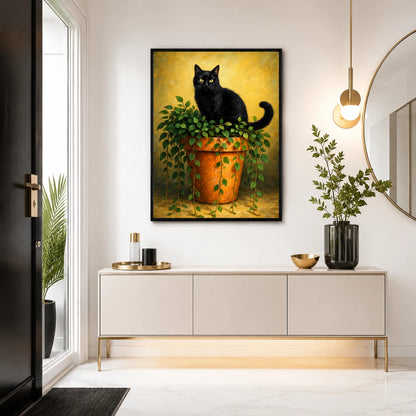 The Black Cat On Potted Plant – Vintage Rustic Wall Art on Natural Wood Canvas
