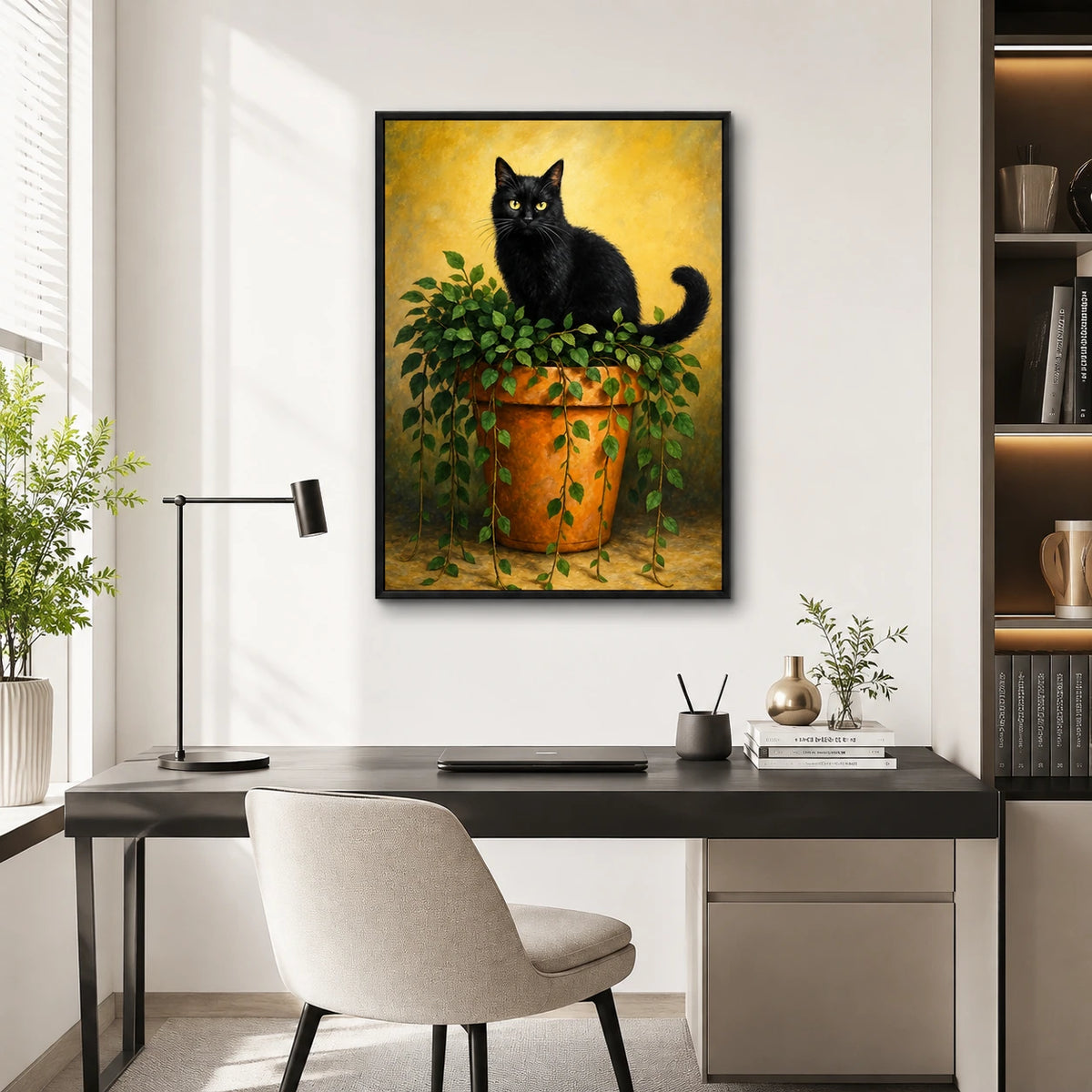 The Black Cat On Potted Plant – Vintage Rustic Wall Art on Natural Wood Canvas
