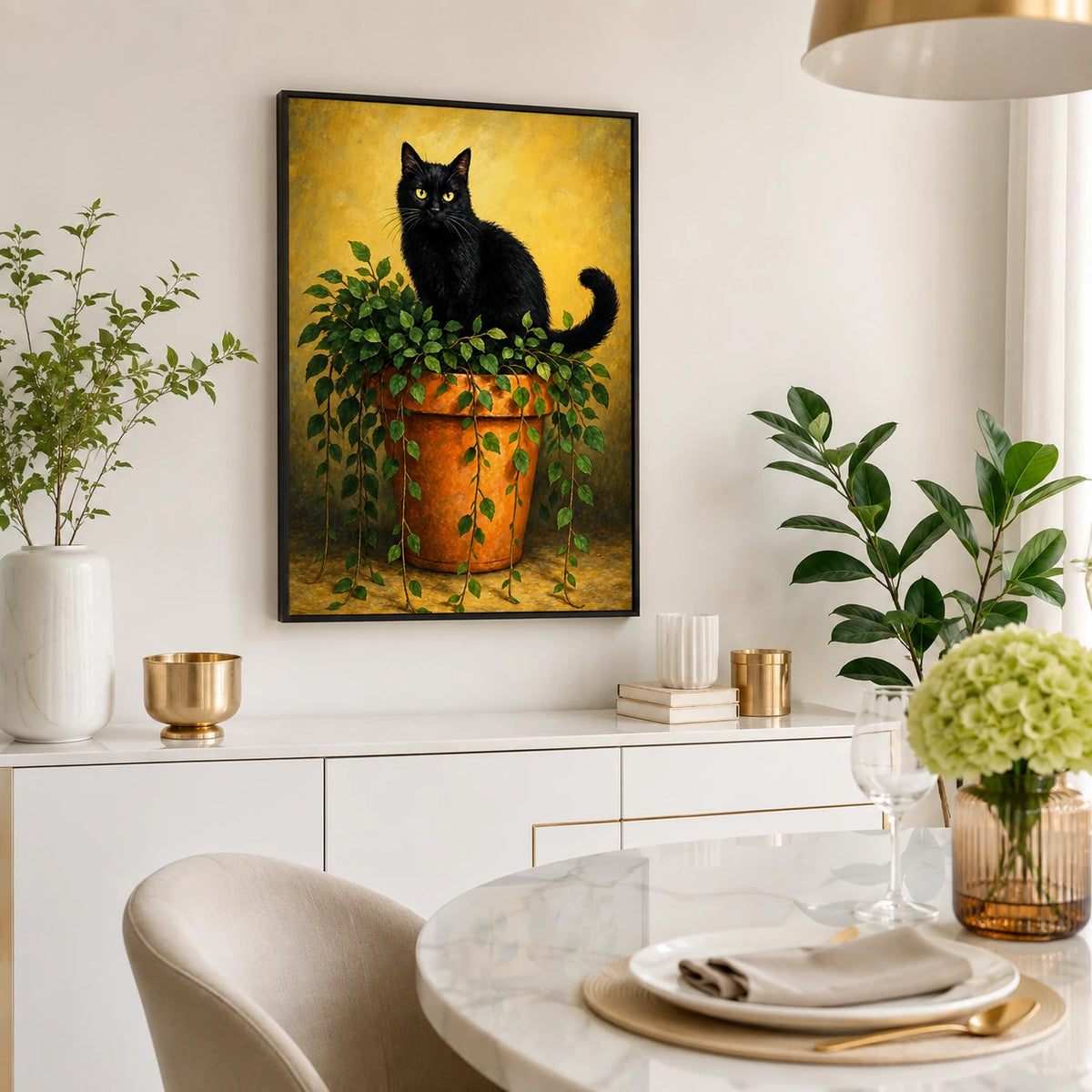 The Black Cat On Potted Plant – Vintage Rustic Wall Art on Natural Wood Canvas