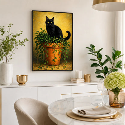 The Black Cat On Potted Plant – Vintage Rustic Wall Art on Natural Wood Canvas