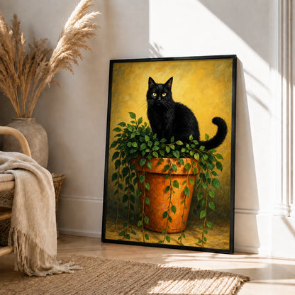 The Black Cat On Potted Plant – Vintage Rustic Wall Art on Natural Wood Canvas