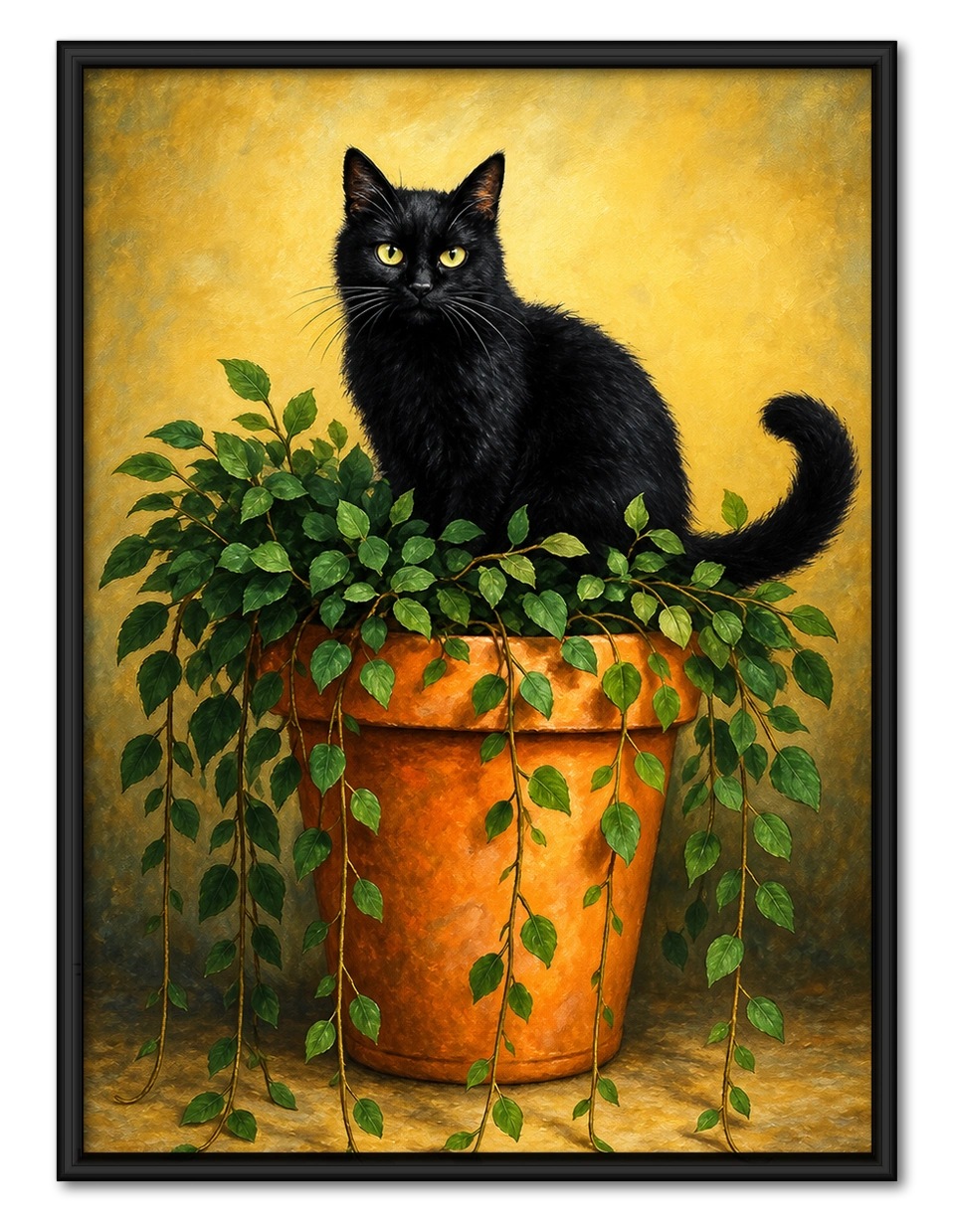 The Black Cat On Potted Plant – Vintage Rustic Wall Art on Natural Wood Canvas