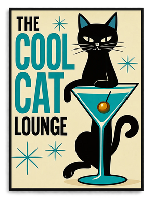 The Cool Cat Lounge – Retro Cat Wall Art on Natural Wood Canvas