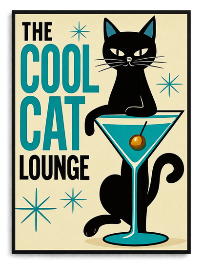 The Cool Cat Lounge – Retro Cat Wall Art on Natural Wood Canvas