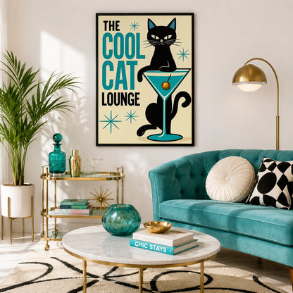 The Cool Cat Lounge – Retro Cat Wall Art on Natural Wood Canvas