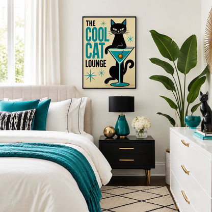 The Cool Cat Lounge – Retro Cat Wall Art on Natural Wood Canvas