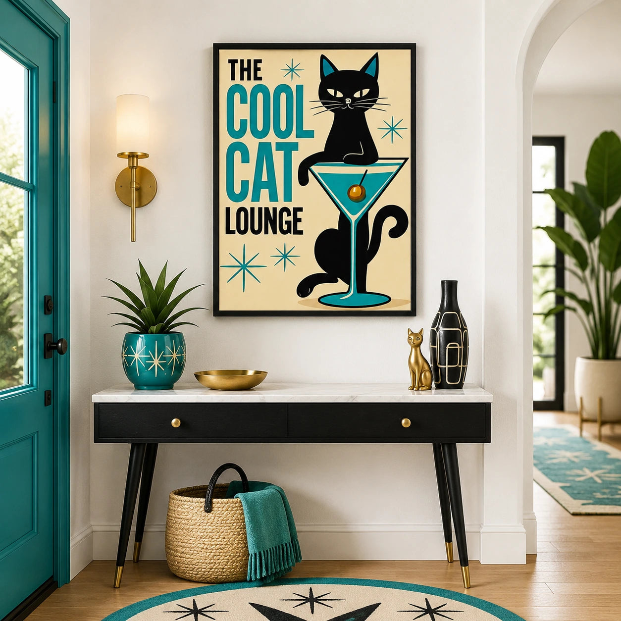 The Cool Cat Lounge – Retro Cat Wall Art on Natural Wood Canvas