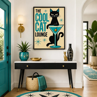 The Cool Cat Lounge – Retro Cat Wall Art on Natural Wood Canvas