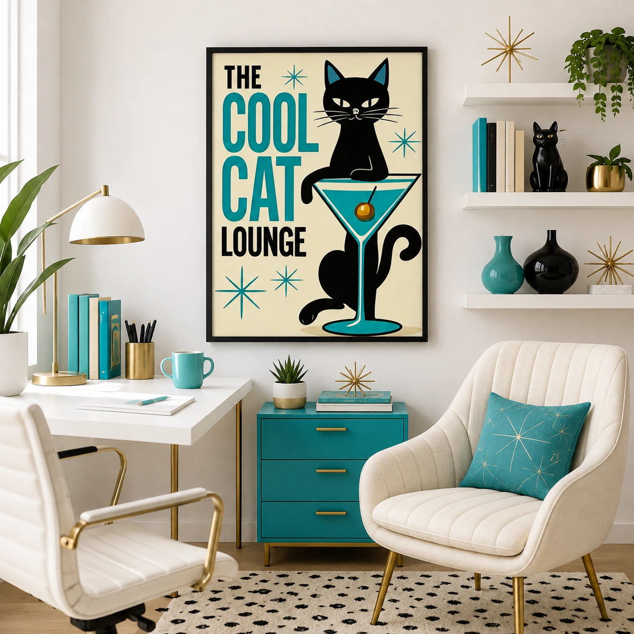 The Cool Cat Lounge – Retro Cat Wall Art on Natural Wood Canvas