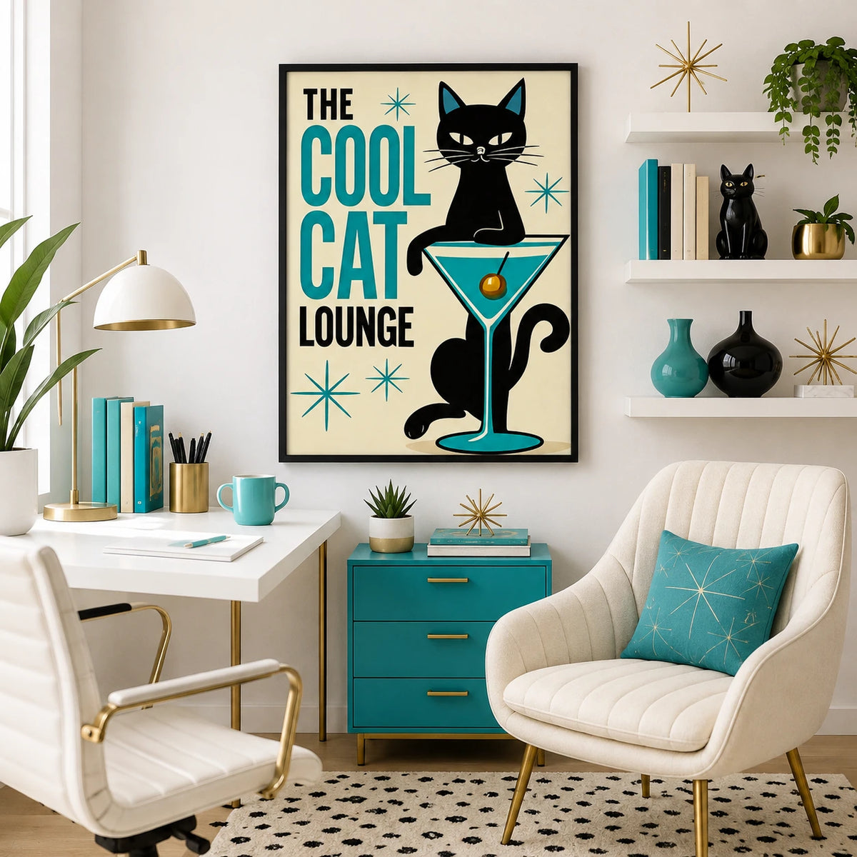 The Cool Cat Lounge – Retro Cat Wall Art on Natural Wood Canvas