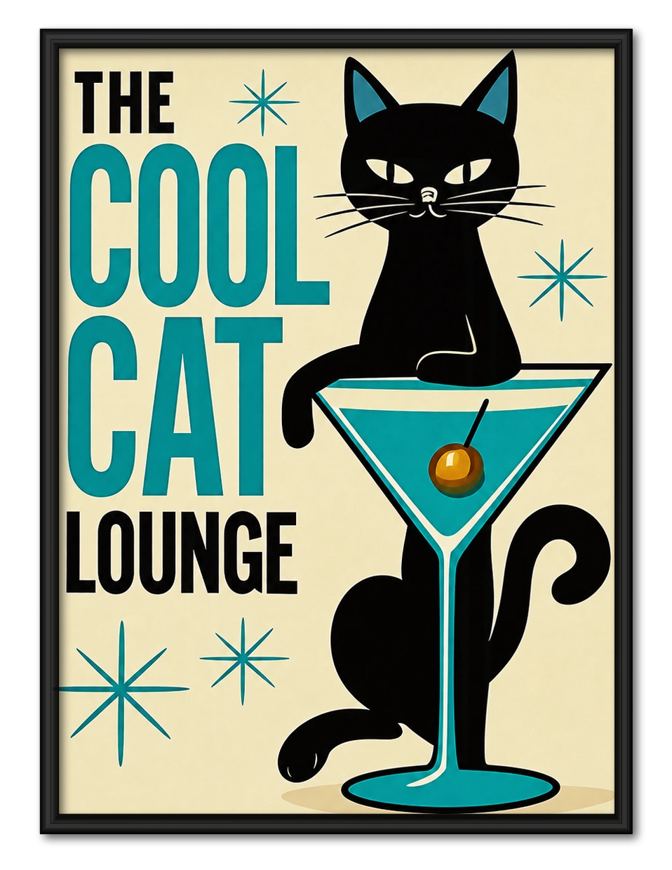 The Cool Cat Lounge – Retro Cat Wall Art on Natural Wood Canvas