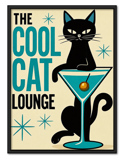 The Cool Cat Lounge – Retro Cat Wall Art on Natural Wood Canvas
