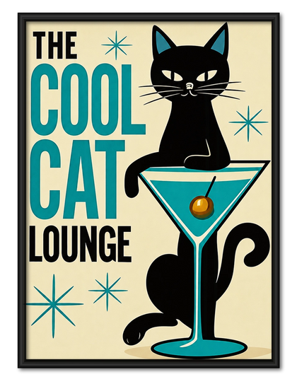The Cool Cat Lounge – Retro Cat Wall Art on Natural Wood Canvas
