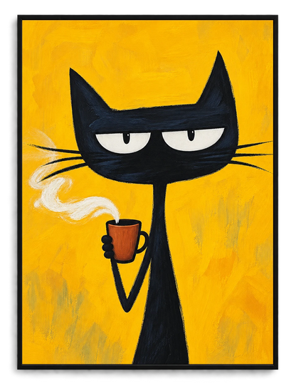 The Cool Coffee Smoke Black Cat – Retro Edgy Wall Art on Natural Wood Canvas