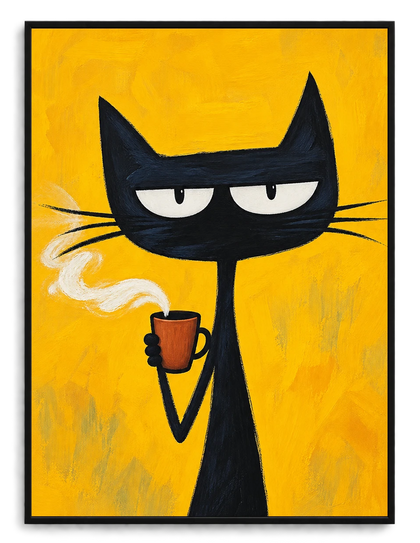 The Cool Coffee Smoke Black Cat – Retro Edgy Wall Art on Natural Wood Canvas