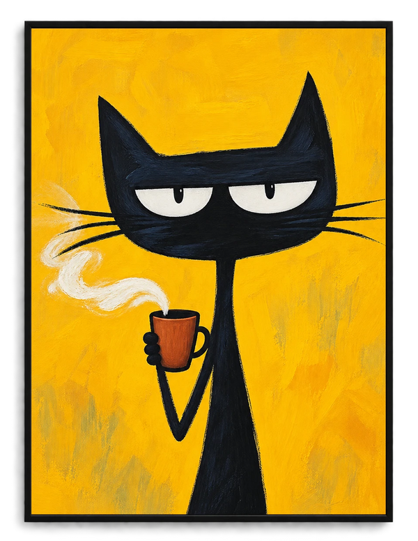 The Cool Coffee Smoke Black Cat – Retro Edgy Wall Art on Natural Wood Canvas