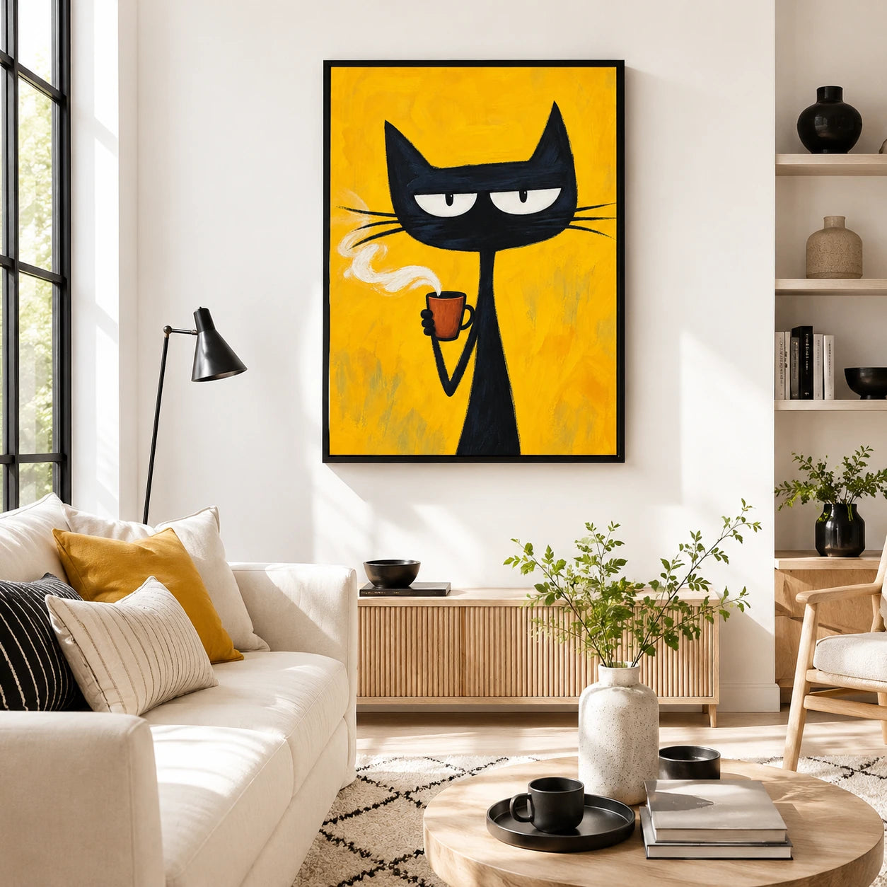 The Cool Coffee Smoke Black Cat – Retro Edgy Wall Art on Natural Wood Canvas