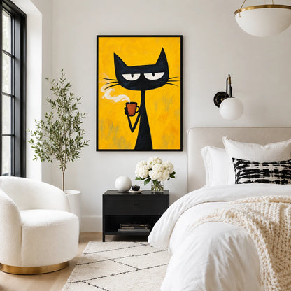 The Cool Coffee Smoke Black Cat – Retro Edgy Wall Art on Natural Wood Canvas