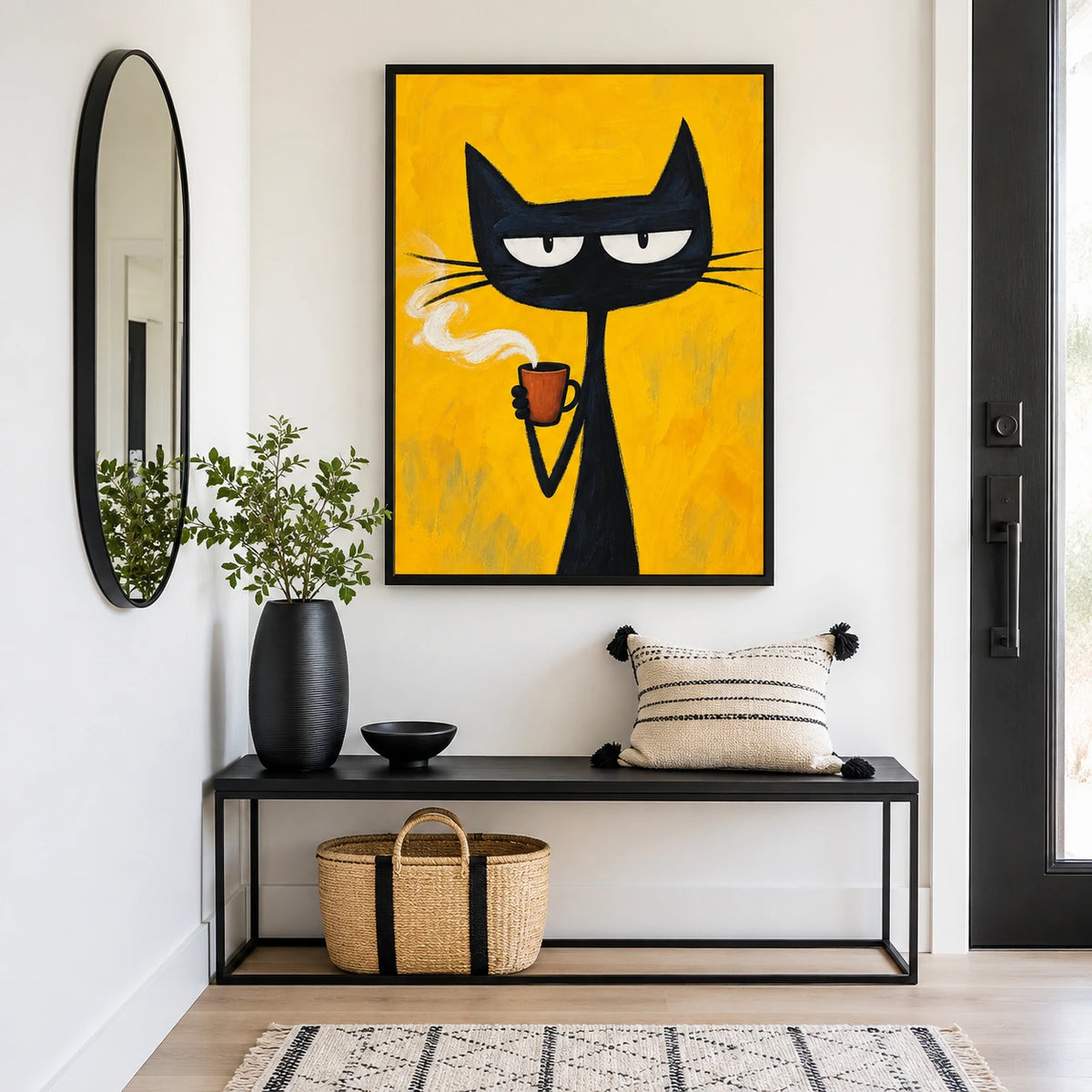 The Cool Coffee Smoke Black Cat – Retro Edgy Wall Art on Natural Wood Canvas