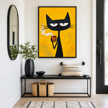 The Cool Coffee Smoke Black Cat – Retro Edgy Wall Art on Natural Wood Canvas