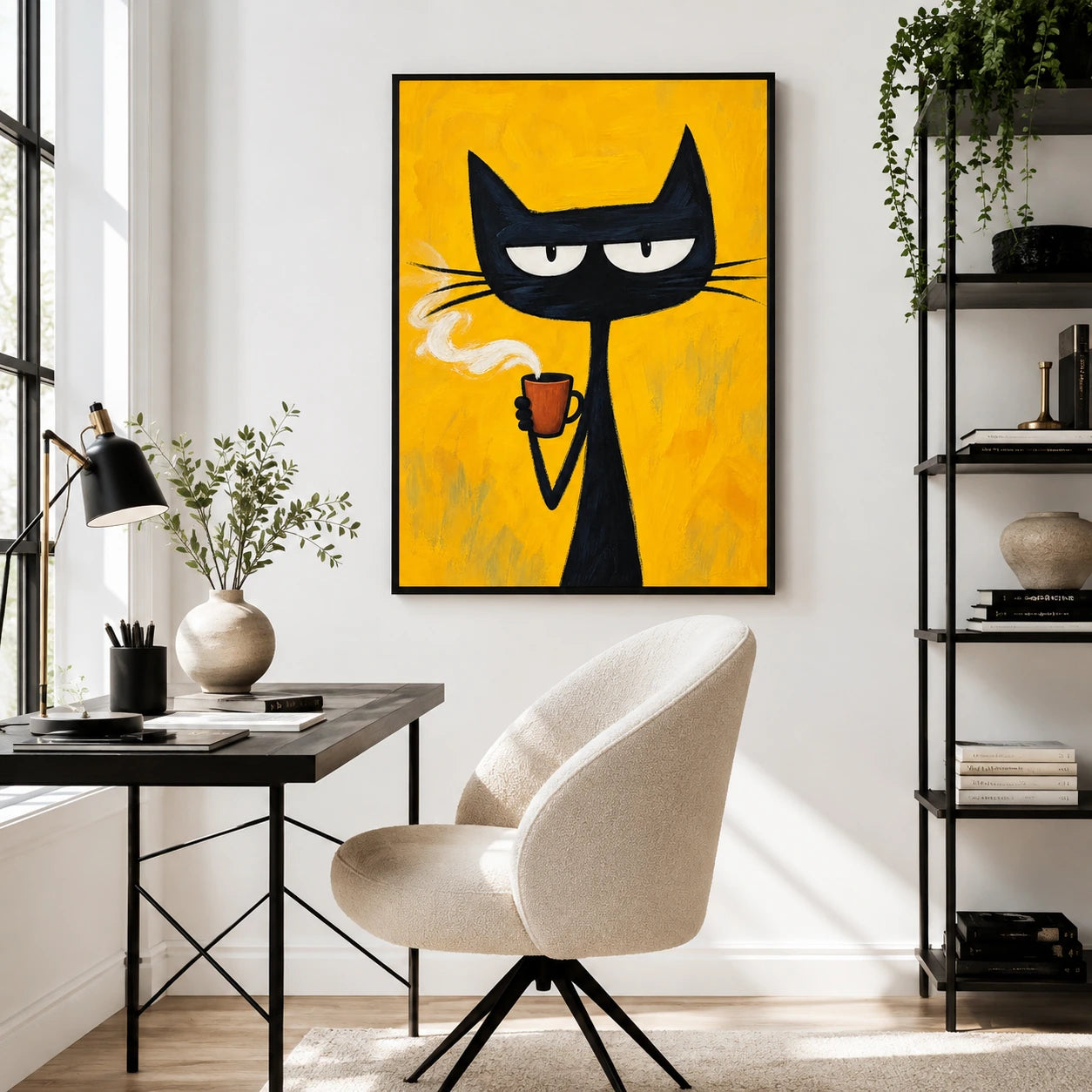 The Cool Coffee Smoke Black Cat – Retro Edgy Wall Art on Natural Wood Canvas