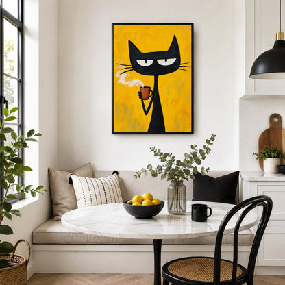 The Cool Coffee Smoke Black Cat – Retro Edgy Wall Art on Natural Wood Canvas