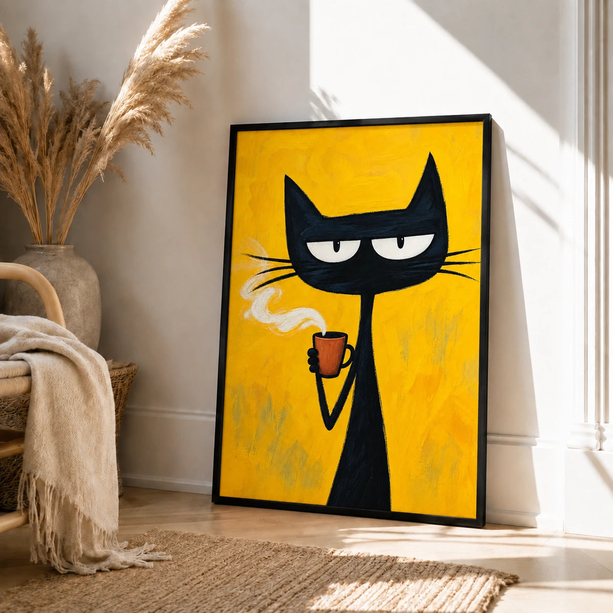 The Cool Coffee Smoke Black Cat – Retro Edgy Wall Art on Natural Wood Canvas