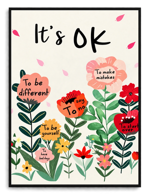 The “It's OK” Floral Encouragement – Cozy Positive Wall Art on Natural Wood Canvas
