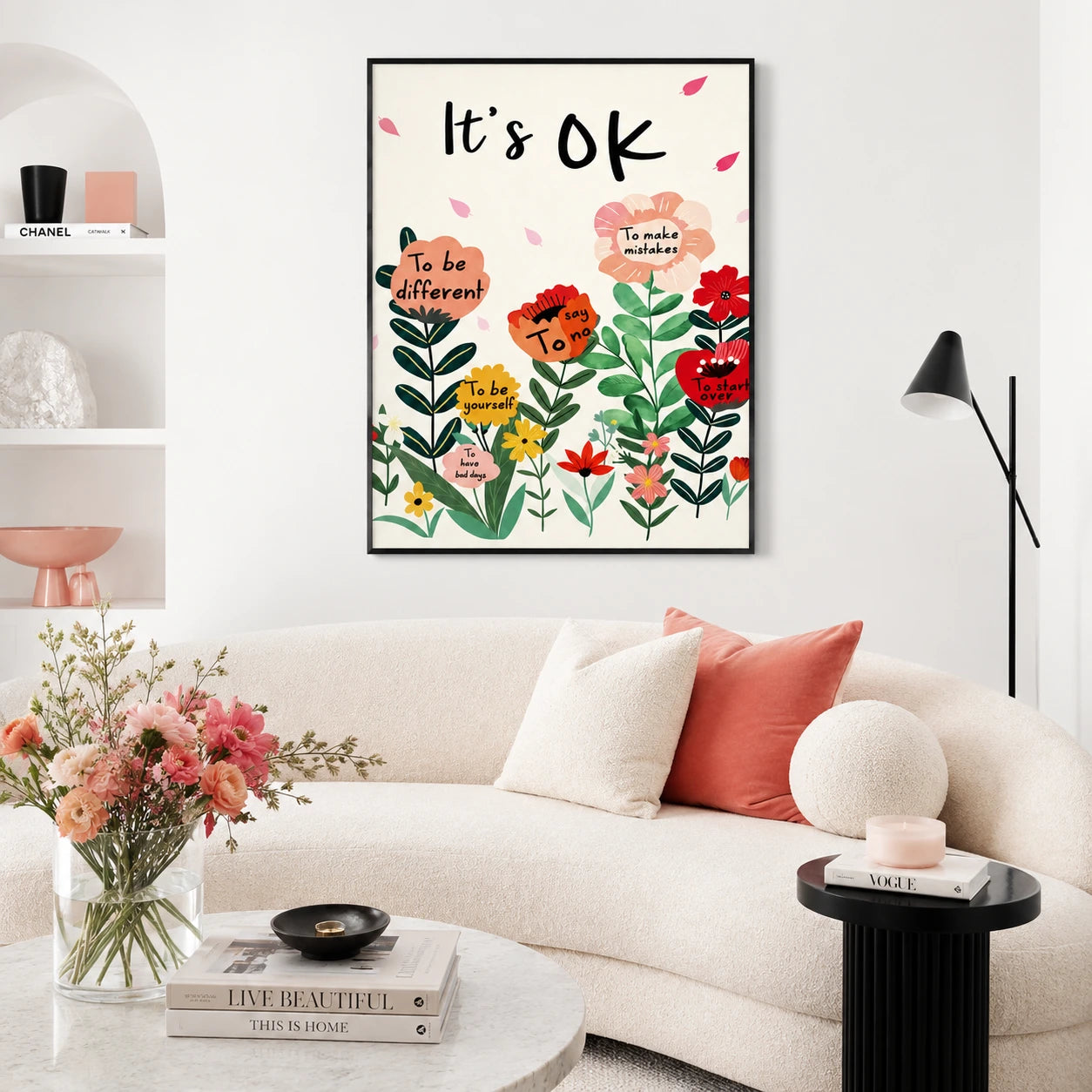 The “It's OK” Floral Encouragement – Cozy Positive Wall Art on Natural Wood Canvas
