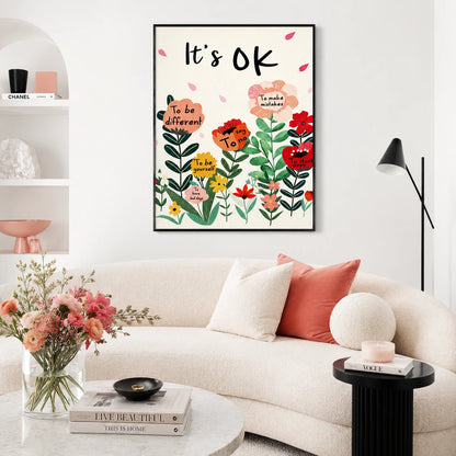 The “It's OK” Floral Encouragement – Cozy Positive Wall Art on Natural Wood Canvas