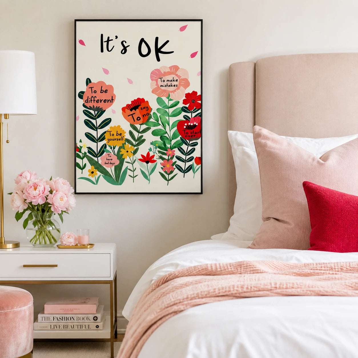 The “It's OK” Floral Encouragement – Cozy Positive Wall Art on Natural Wood Canvas
