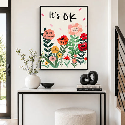 The “It's OK” Floral Encouragement – Cozy Positive Wall Art on Natural Wood Canvas