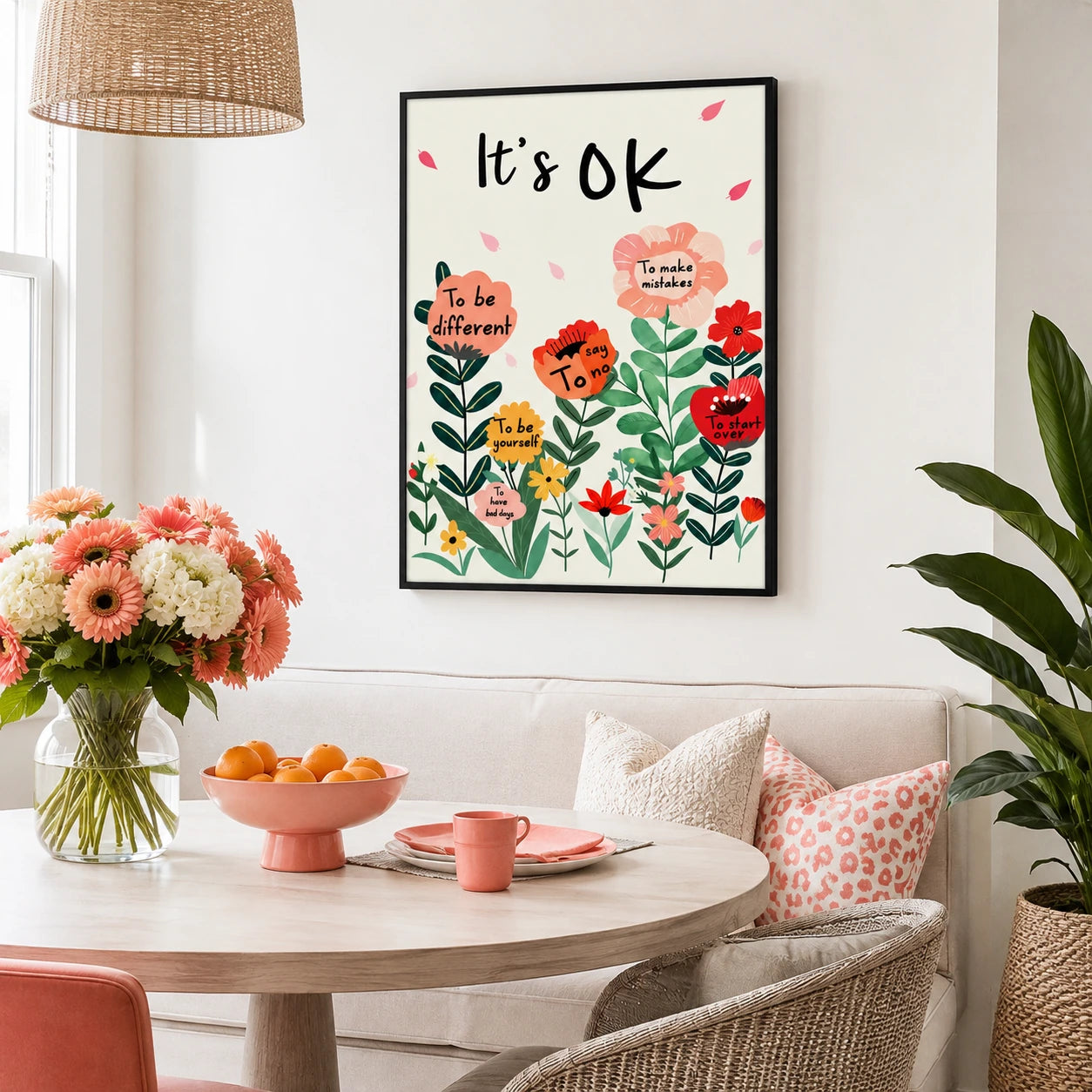 The “It's OK” Floral Encouragement – Cozy Positive Wall Art on Natural Wood Canvas