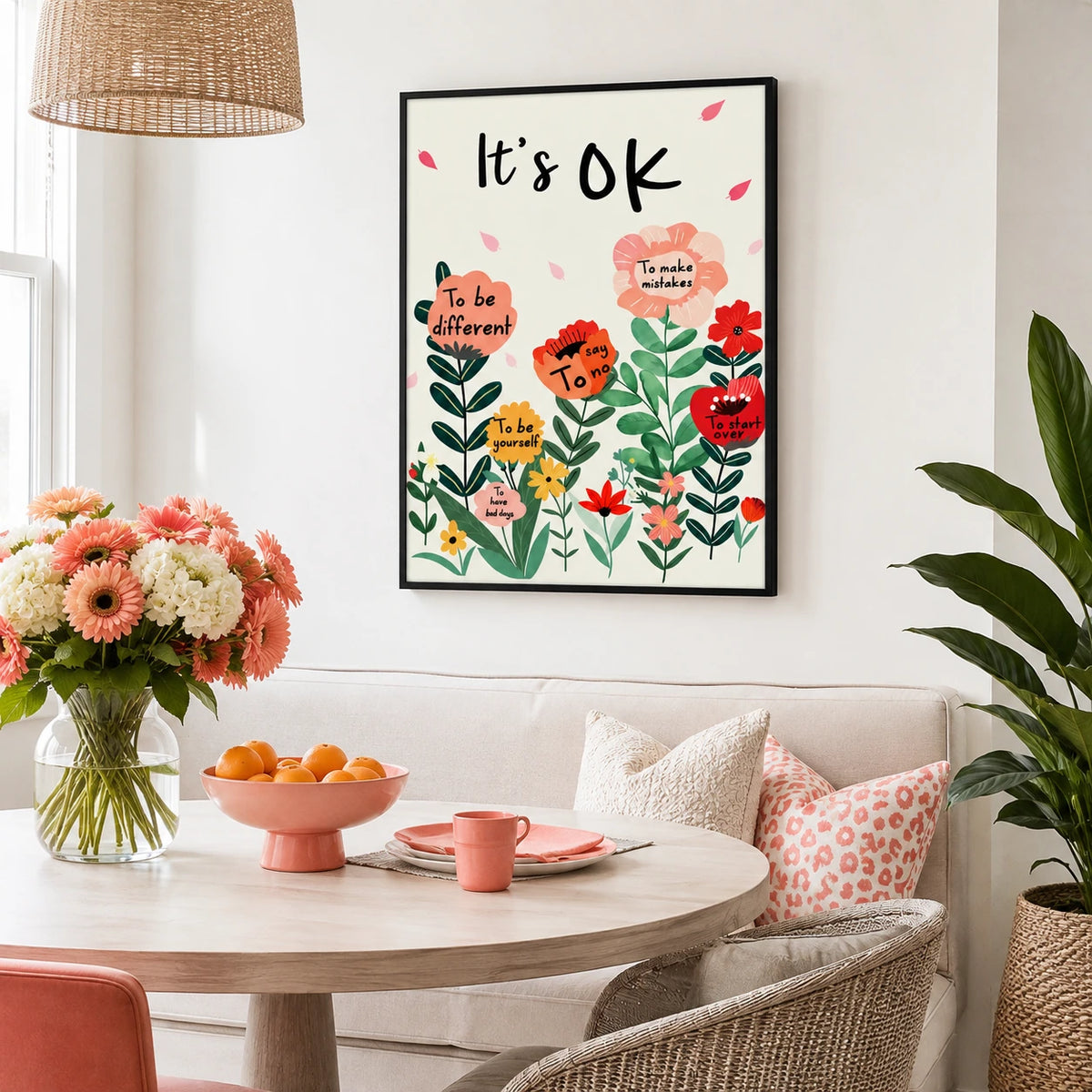 The “It's OK” Floral Encouragement – Cozy Positive Wall Art on Natural Wood Canvas