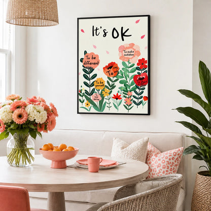 The “It's OK” Floral Encouragement – Cozy Positive Wall Art on Natural Wood Canvas