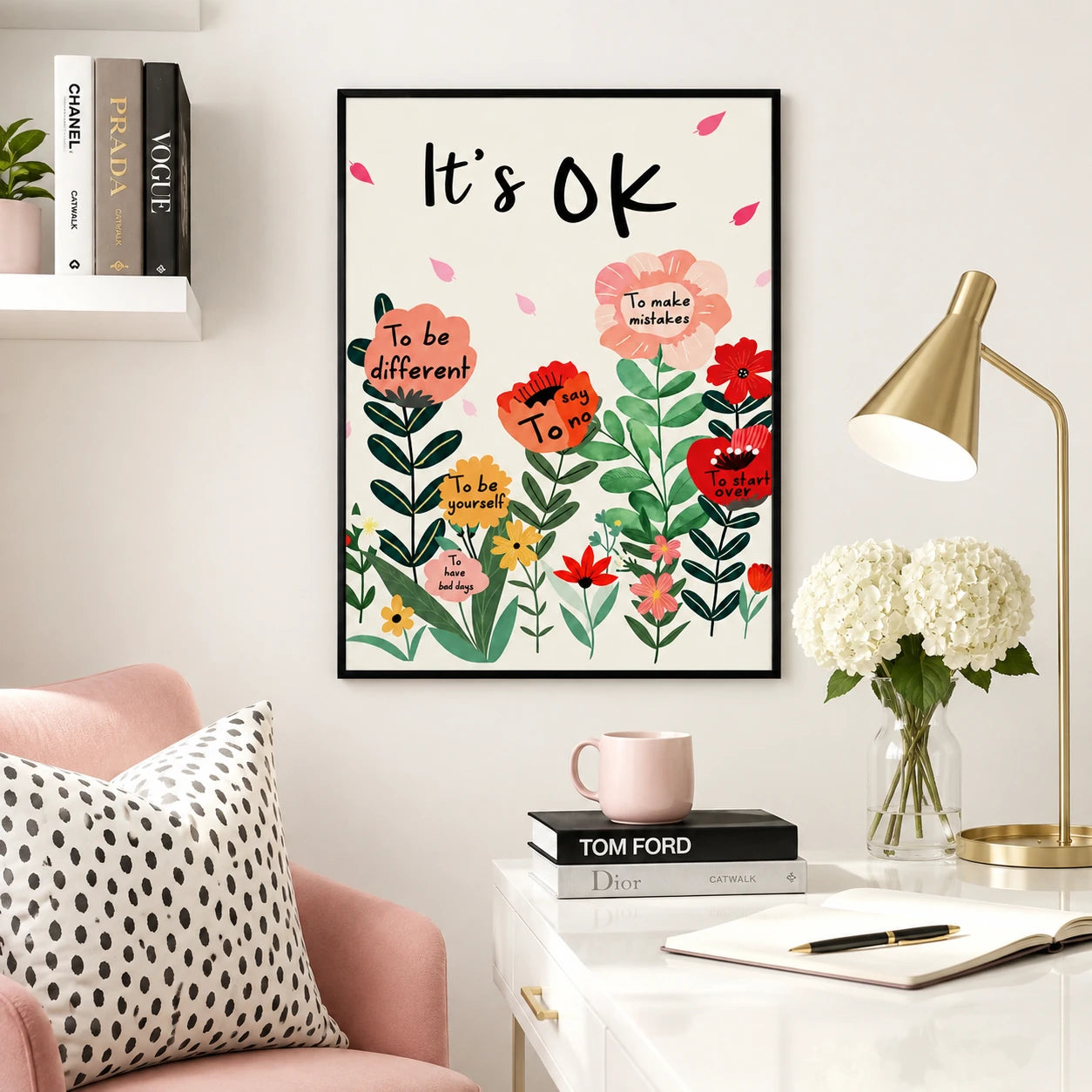 The “It's OK” Floral Encouragement – Cozy Positive Wall Art on Natural Wood Canvas