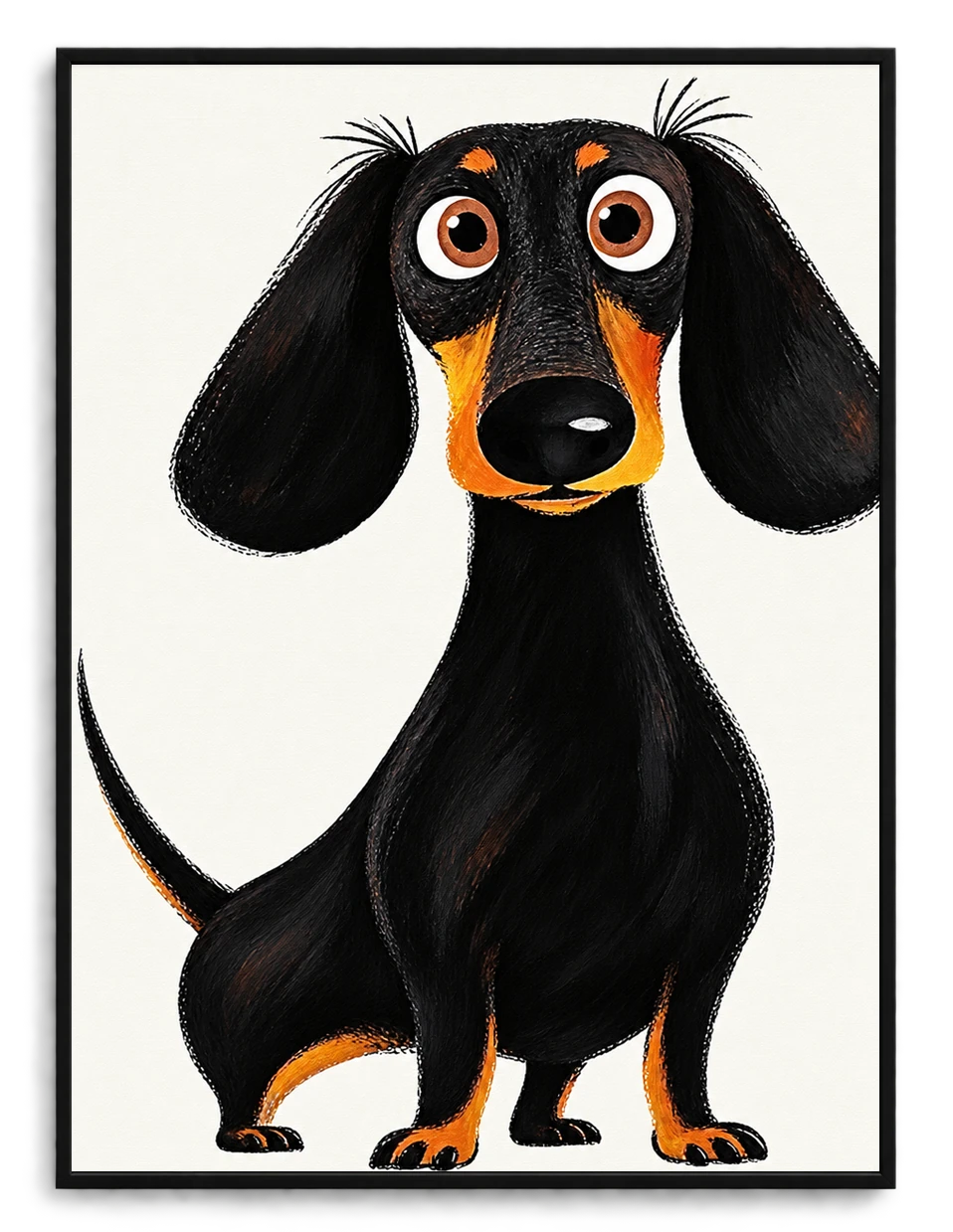 The Playful Cartoon Dachshund – Quirky Black Dog Wall Art on Natural Wood Grain Canvas