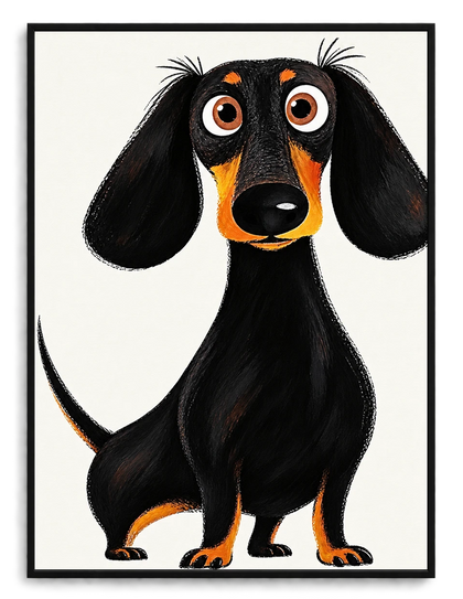 The Playful Cartoon Dachshund – Quirky Black Dog Wall Art on Natural Wood Grain Canvas