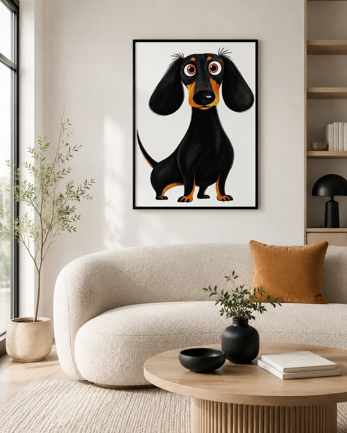 The Playful Cartoon Dachshund – Quirky Black Dog Wall Art on Natural Wood Grain Canvas