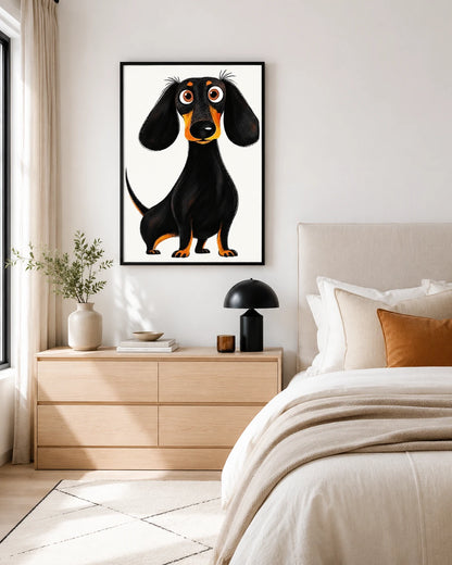 The Playful Cartoon Dachshund – Quirky Black Dog Wall Art on Natural Wood Grain Canvas