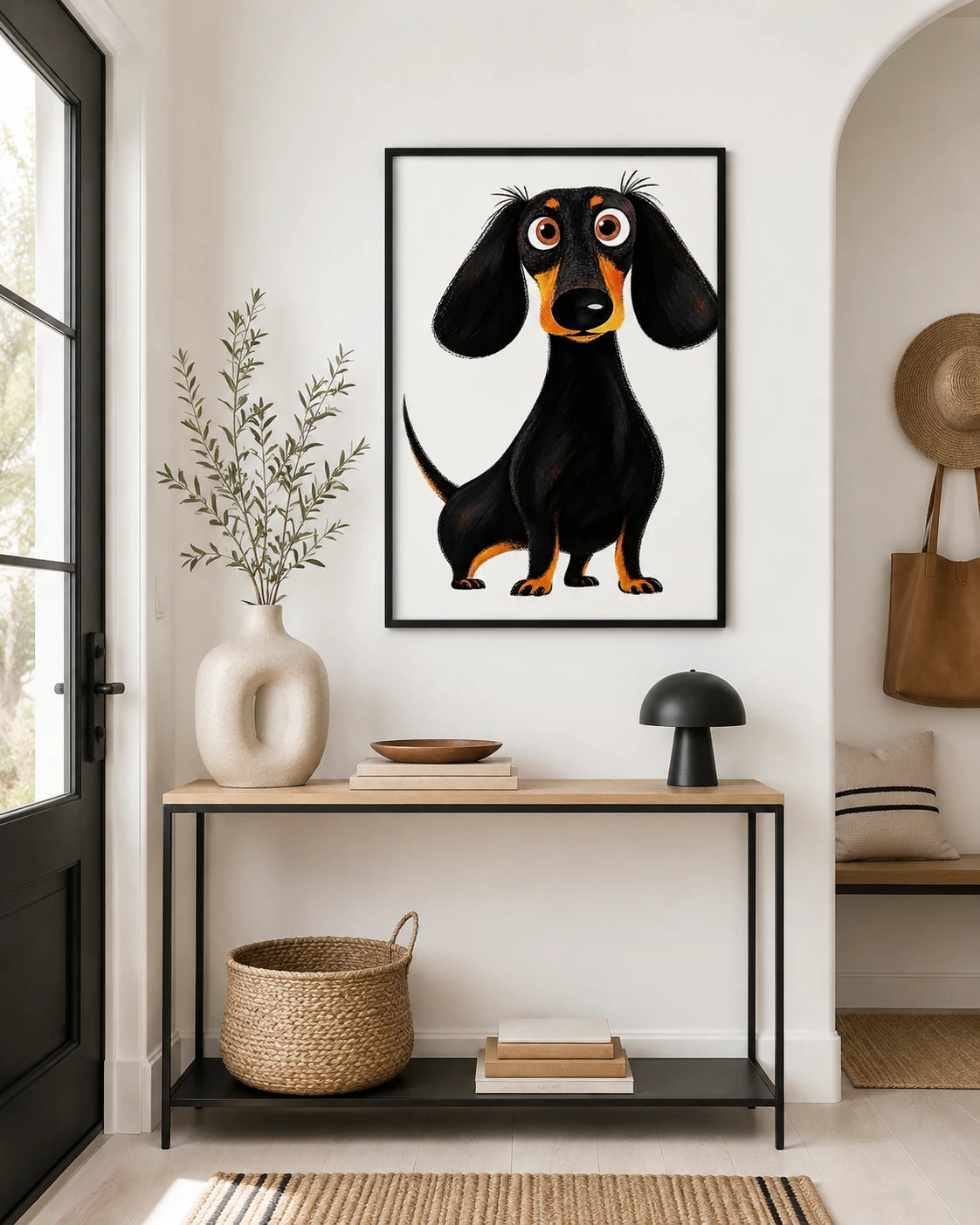 The Playful Cartoon Dachshund – Quirky Black Dog Wall Art on Natural Wood Grain Canvas