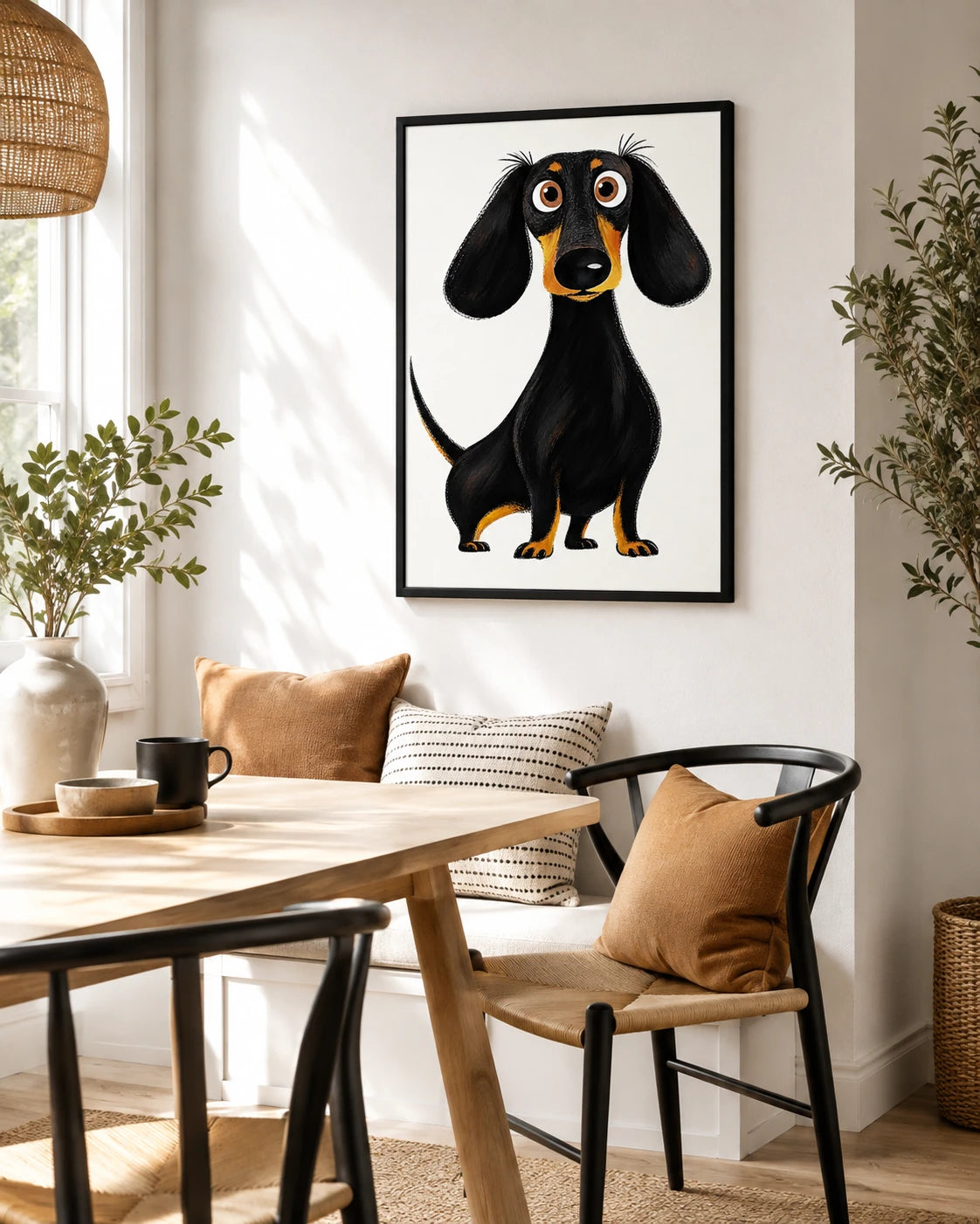 The Playful Cartoon Dachshund – Quirky Black Dog Wall Art on Natural Wood Grain Canvas